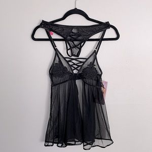 NEW W/ TAGS Two Piece Floral Embroidered Mesh Babydoll and Open Back Panty Set